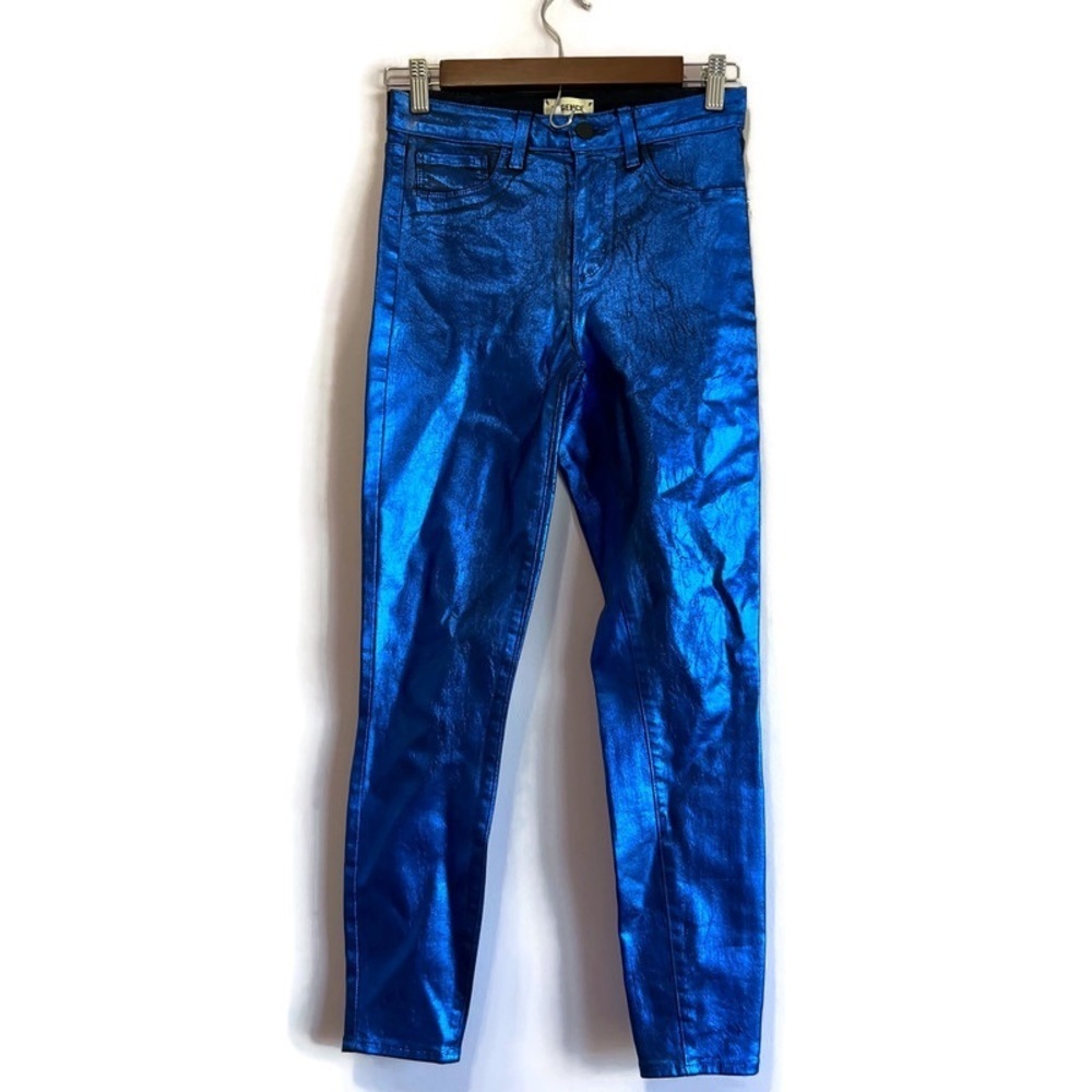 L'AGENCE MARGOT SKINNY HIGH RISE NAVY ROYAL BLUE FOIL METALLIC PANTS HOLIDAY  26 - Picture 11 of 12